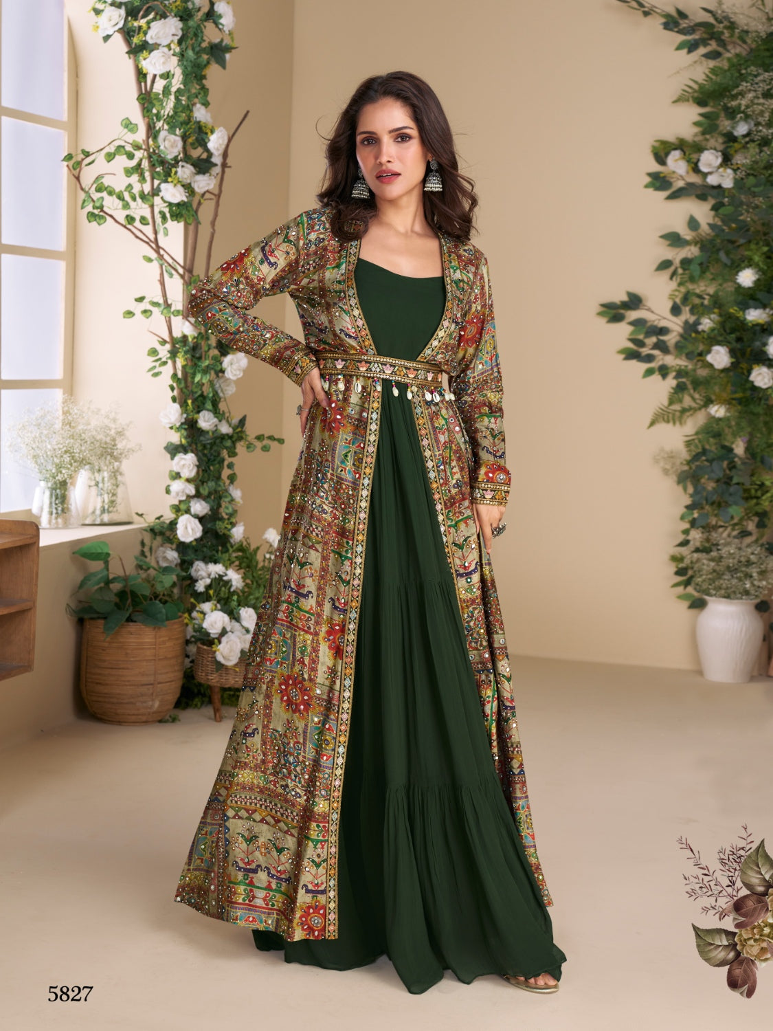 Anaita Dark Green Heavy Fox Georgette Anarkali Shrug Suit With Silk Print - Distacart
