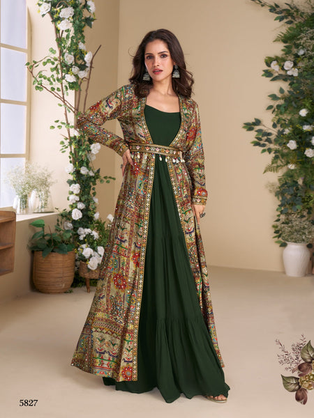 Anaita Dark Green Heavy Fox Georgette Anarkali Shrug Suit With Silk Print