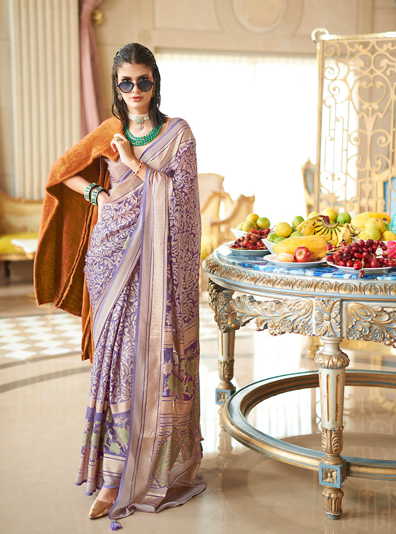 Monjolika Fashion Lavender Fancy Foil Print Work Georgette Classic Saree - Distacart