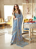 Monjolika Fashion Light Blue Fancy Foil Print Work Georgette Classic Saree