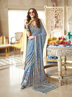 Monjolika Fashion Light Blue Fancy Foil Print Work Georgette Classic Saree