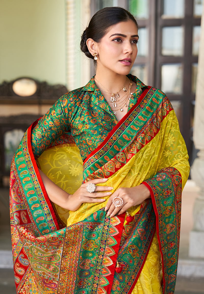 Monjolika Fashion Mustard Lucknowi Viscose Georgette Saree with Foil Print