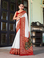 Monjolika Fashion White Lucknowi Viscose Georgette Saree with Foil Print