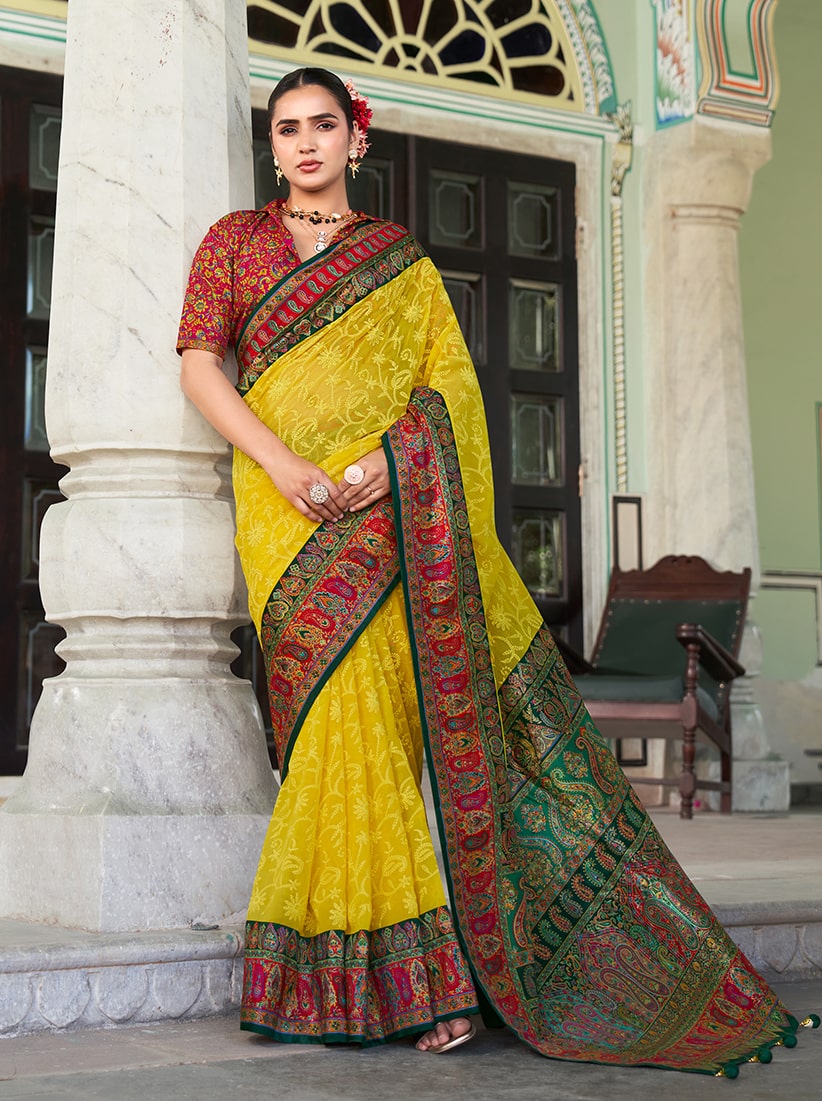 Monjolika Fashion Yellow Lucknowi Viscose Georgette Saree with Foil Print
