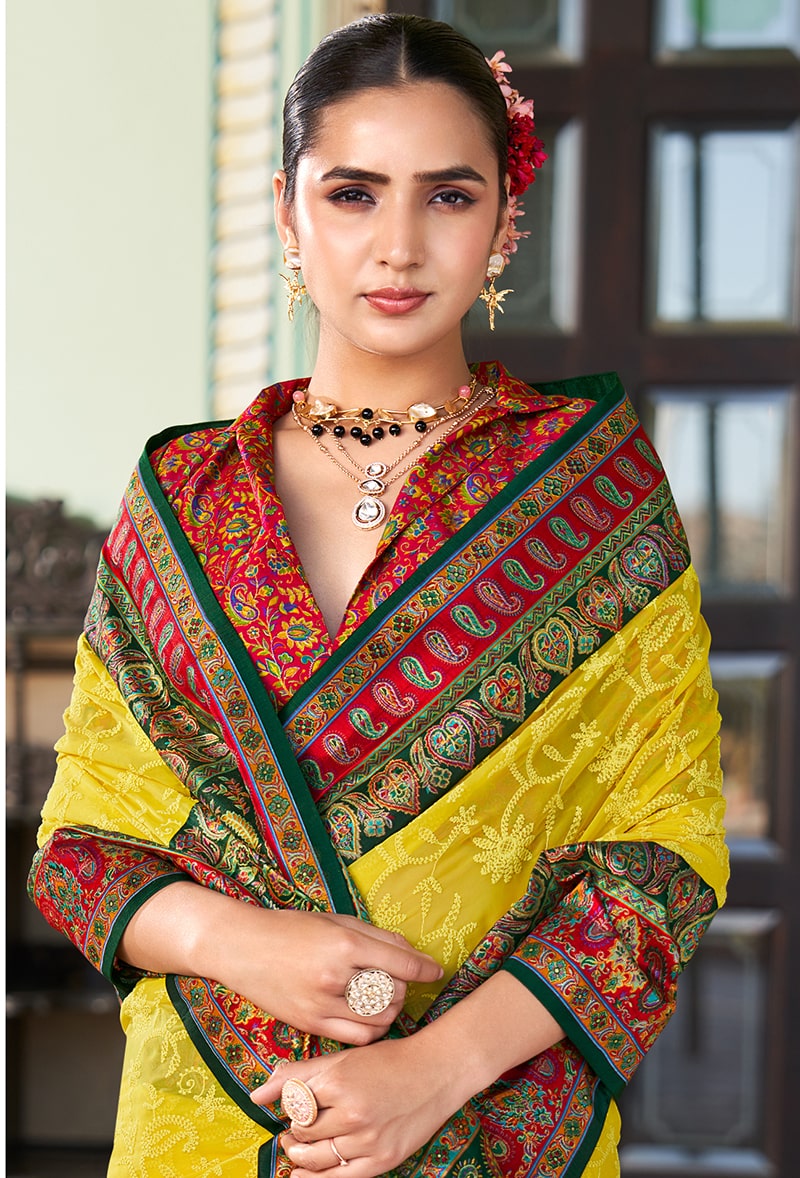 Monjolika Fashion Yellow Lucknowi Viscose Georgette Saree with Foil Print