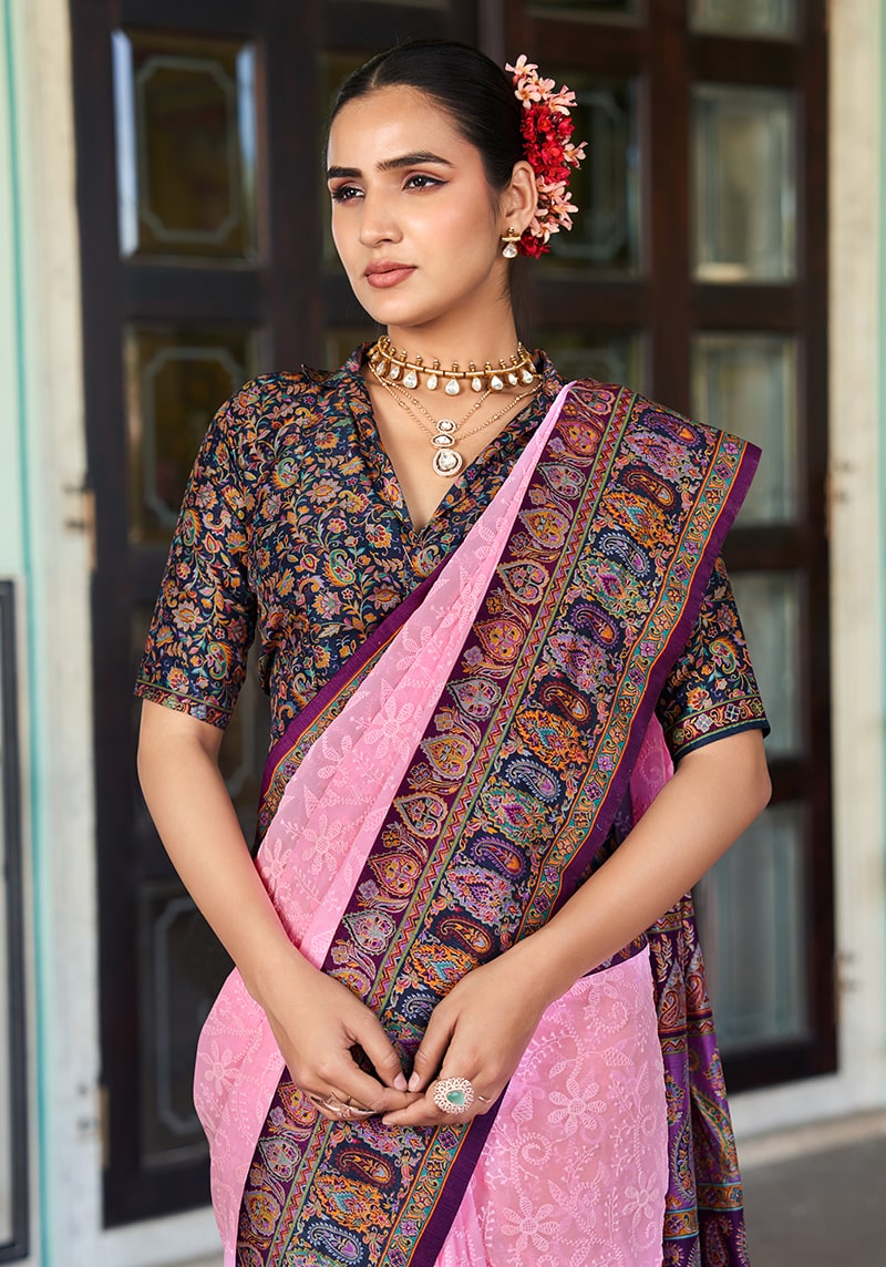 Monjolika Fashion Light Pink Lucknowi Viscose Georgette Saree with Foil Print