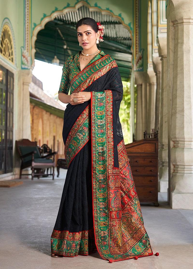 Monjolika Fashion Black Lucknowi Viscose Georgette Saree with Foil Print