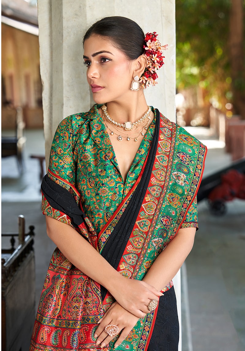 Monjolika Fashion Black Lucknowi Viscose Georgette Saree with Foil Print