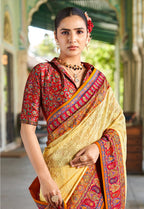 Monjolika Fashion Pastel Yellow Lucknowi Viscose Georgette Saree with Foil Print