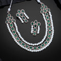 Estele Rose Gold-Polished CZ Captivating Three-Layered Necklace Set with Green Stones & Pearls for Women