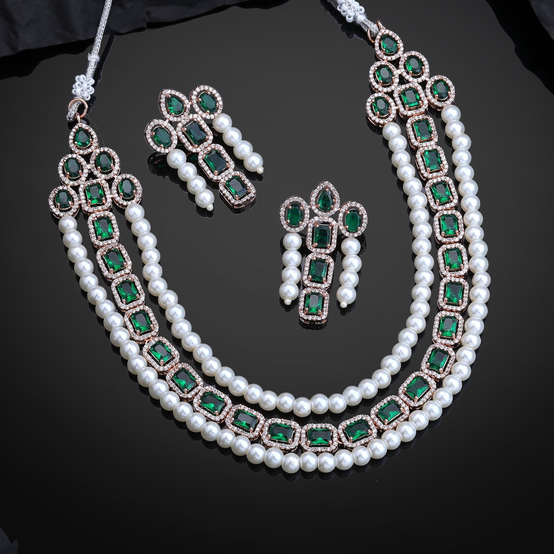 Estele Rose Gold-Polished CZ Captivating Three-Layered Necklace Set with Green Stones & Pearls for Women