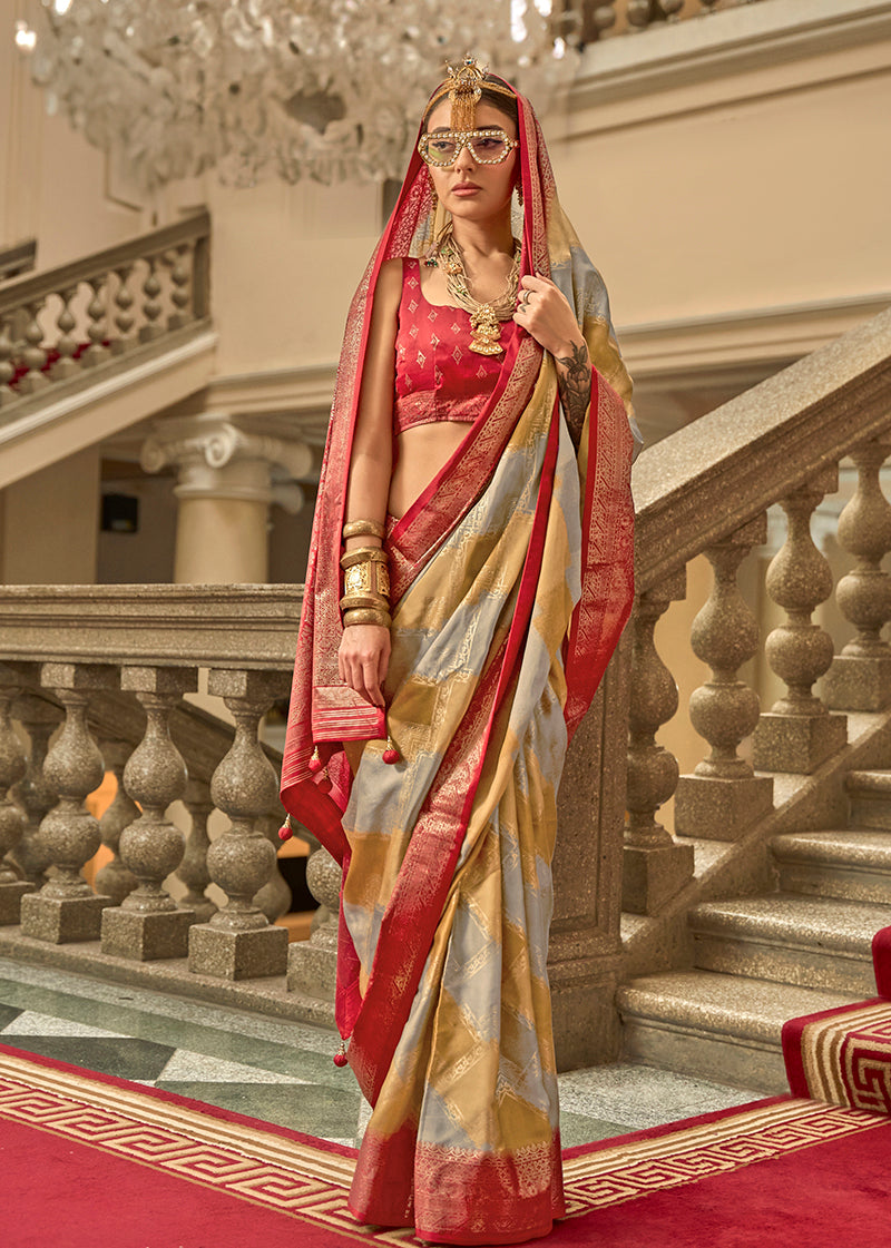 Monjolika Fashion Multi Color Satin Weaving Print Classic Saree