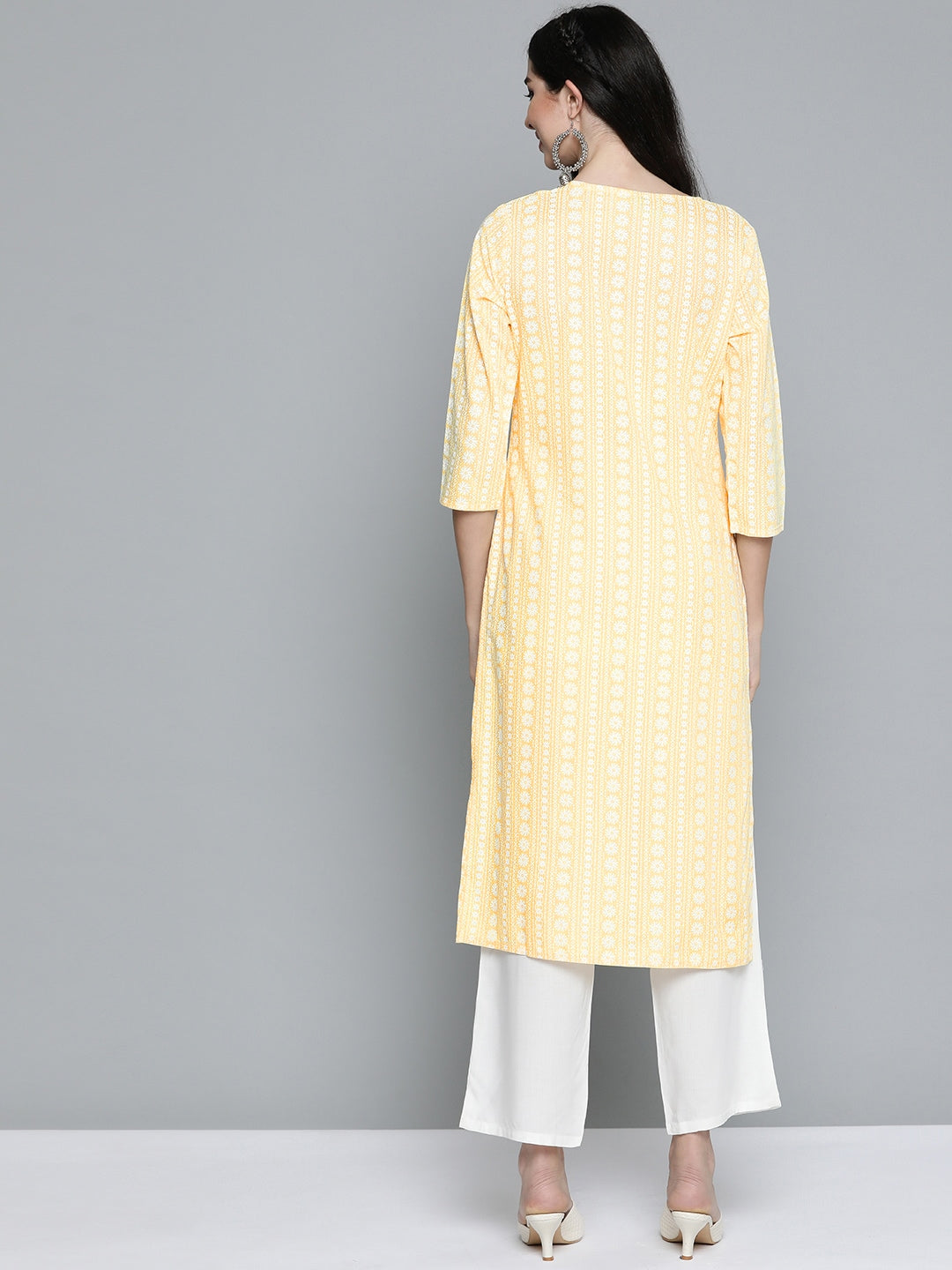 HERE&NOW Women Yellow & Off-White Printed Regular Kurta with Palazzos