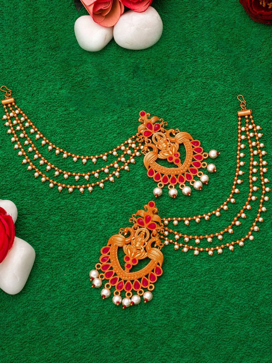 Aadita Red Gold-Toned & White Pearls Studded Contemporary Drop Earrings With Hair Chain - Distacart