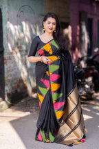 Black Polycotton Woven Design Saree with Unstitched Blouse - A2M - Distacart