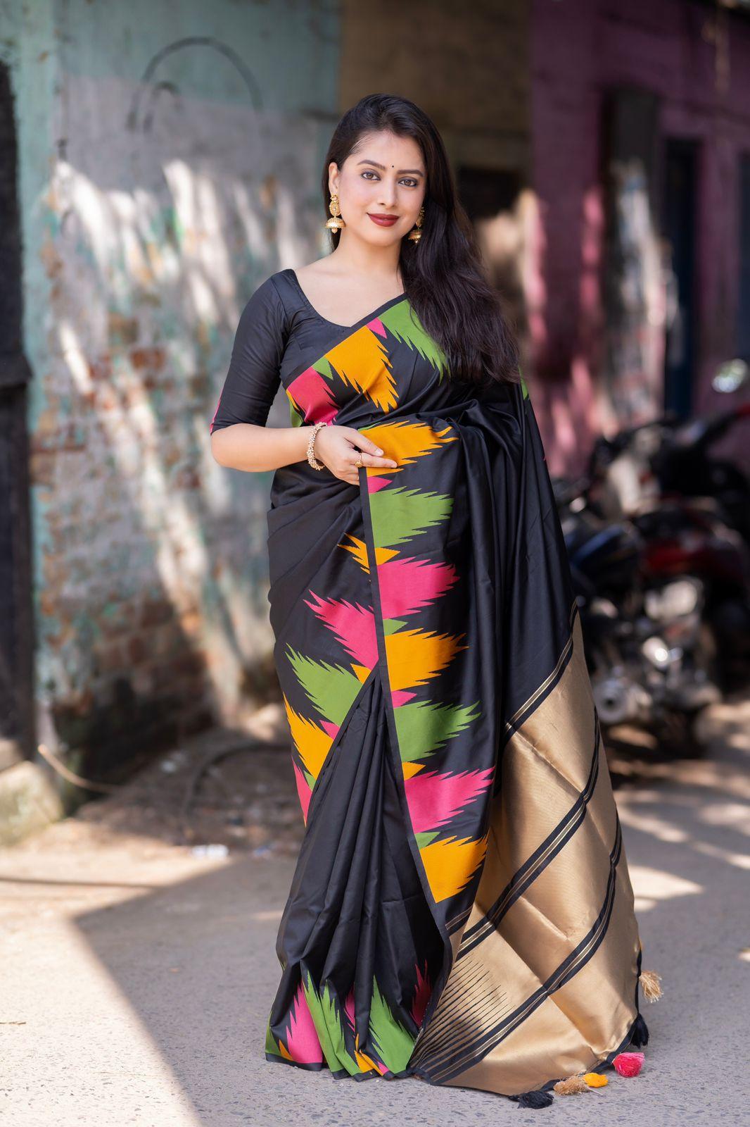 Black Polycotton Woven Design Saree with Unstitched Blouse - A2M - Distacart