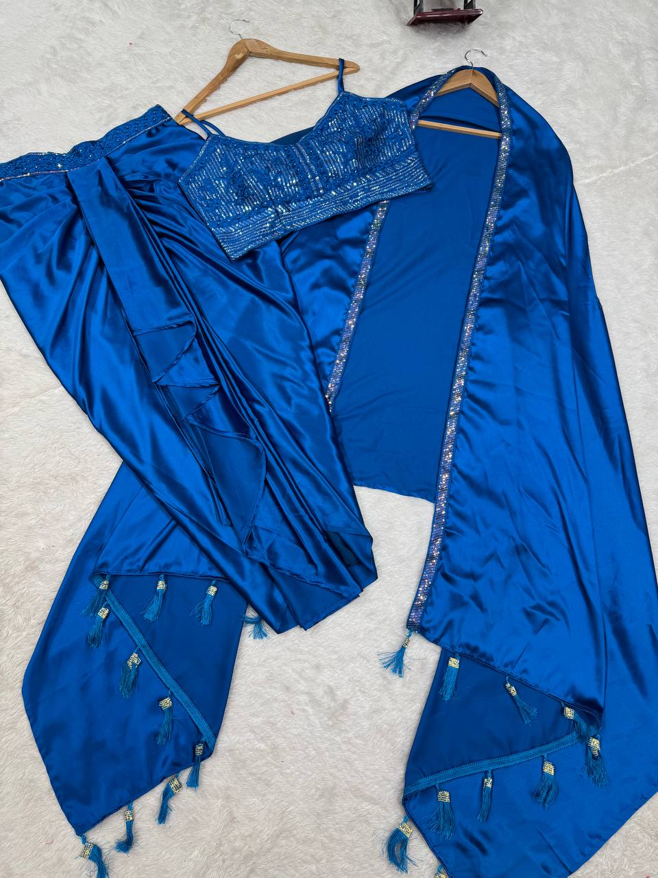 Prazu Fashion Blue Satin Silk Thread Sequence Western Dhoti With Strug