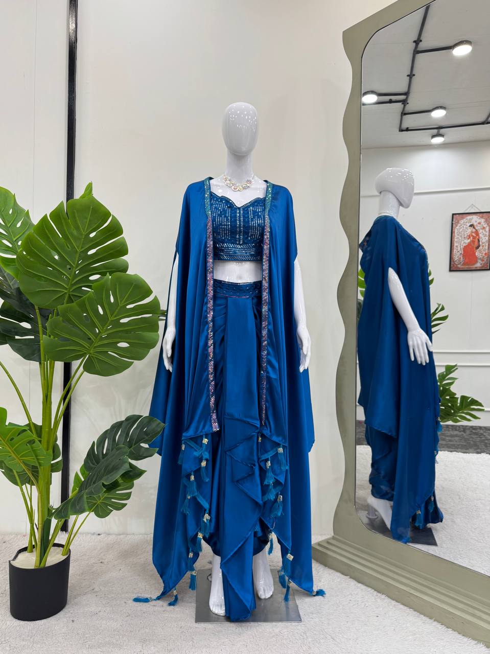 Prazu Fashion Blue Satin Silk Thread Sequence Western Dhoti With Strug