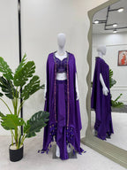 Prazu Fashion Violet Satin Silk Thread Sequence Western Dhoti With Strug