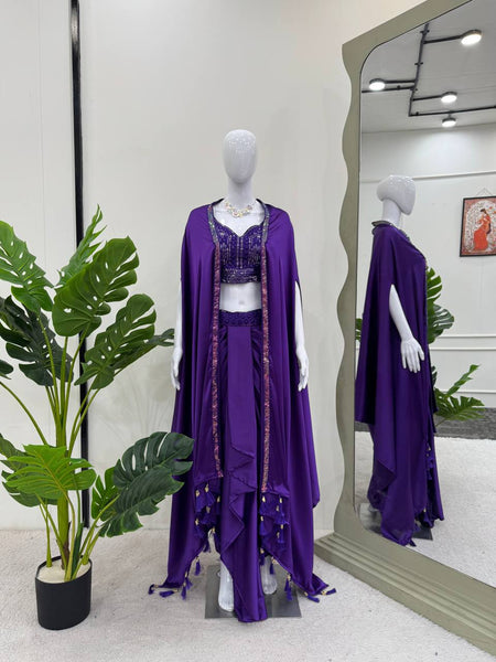 Prazu Fashion Violet Satin Silk Thread Sequence Western Dhoti With Strug