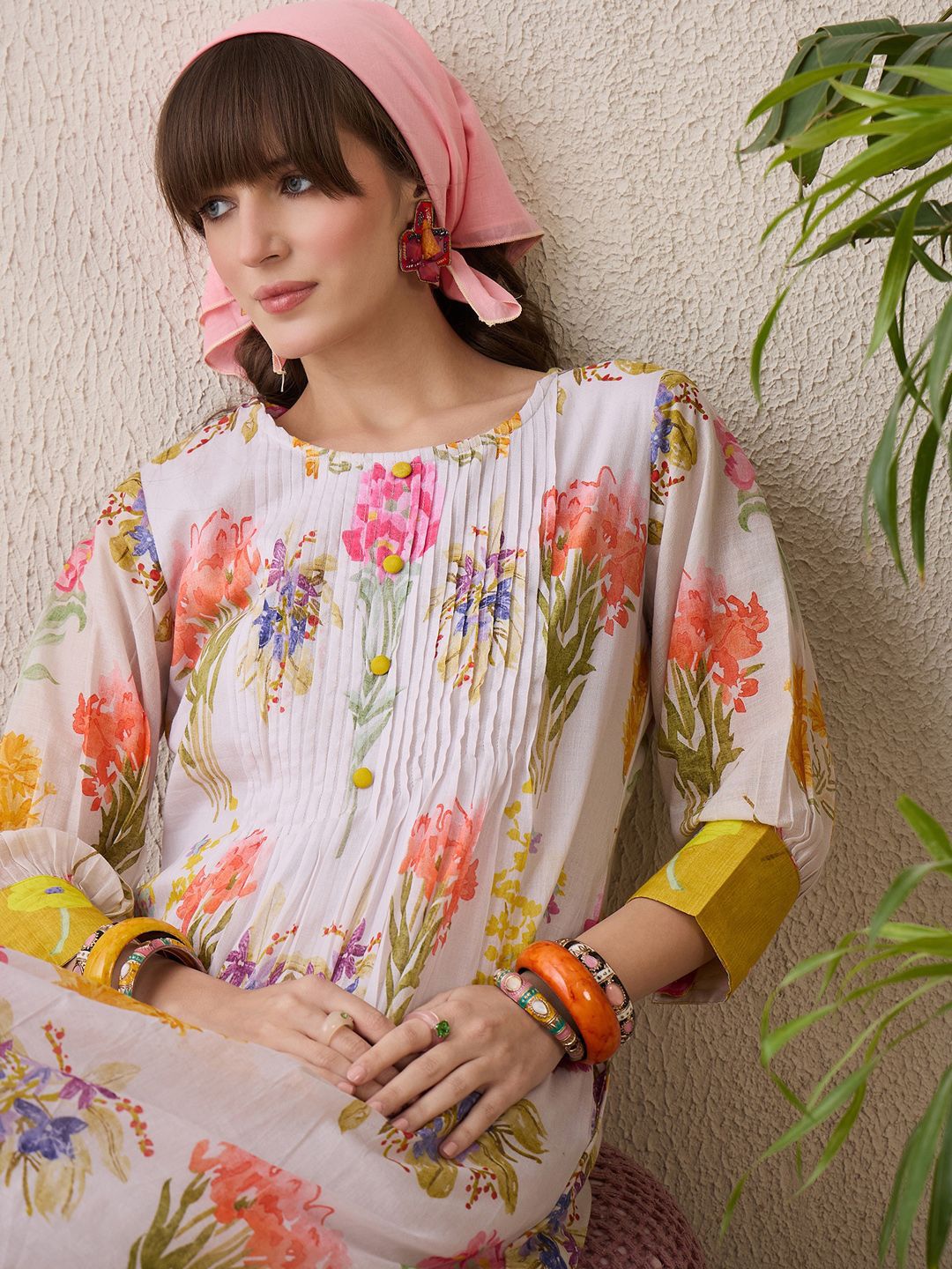 Indo Era Floral Printed Round Neck Pure Cotton Straight Kurta With Trouser - Distacart