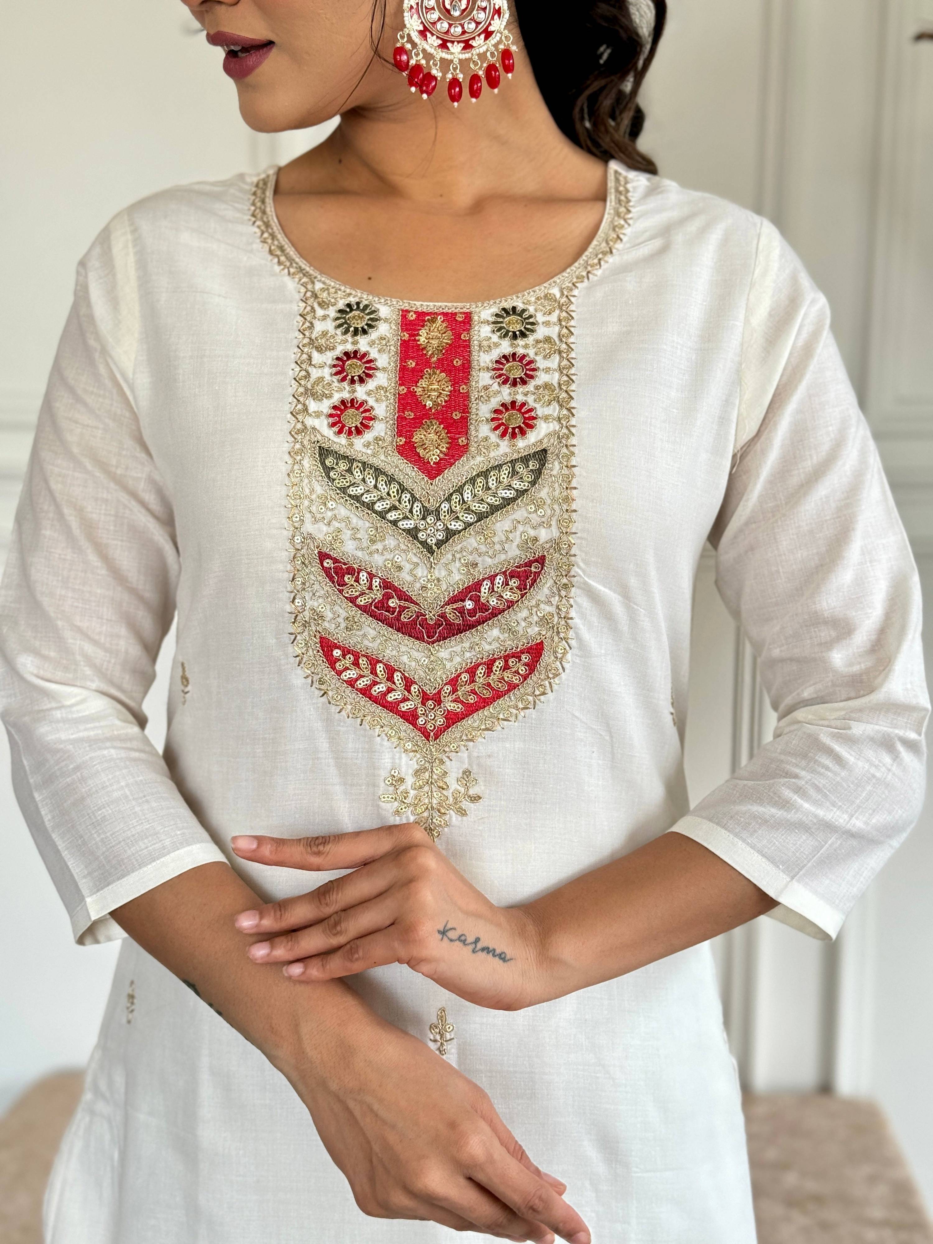 The52 Embroidered Viscose blend Fabric Straight Kurta, Pant and Dupatta Set - Distacart