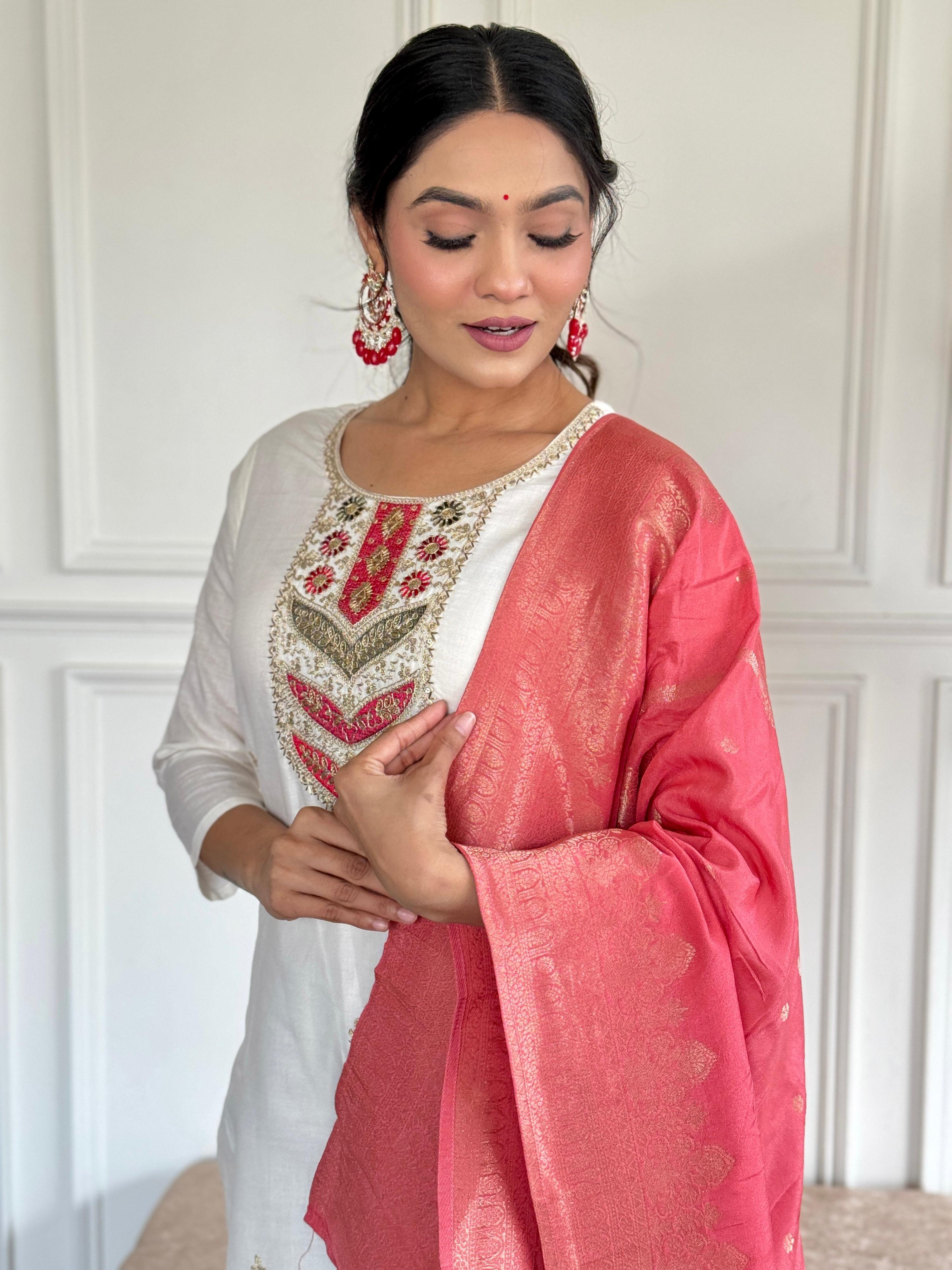 The52 Embroidered Viscose blend Fabric Straight Kurta, Pant and Dupatta Set - Distacart