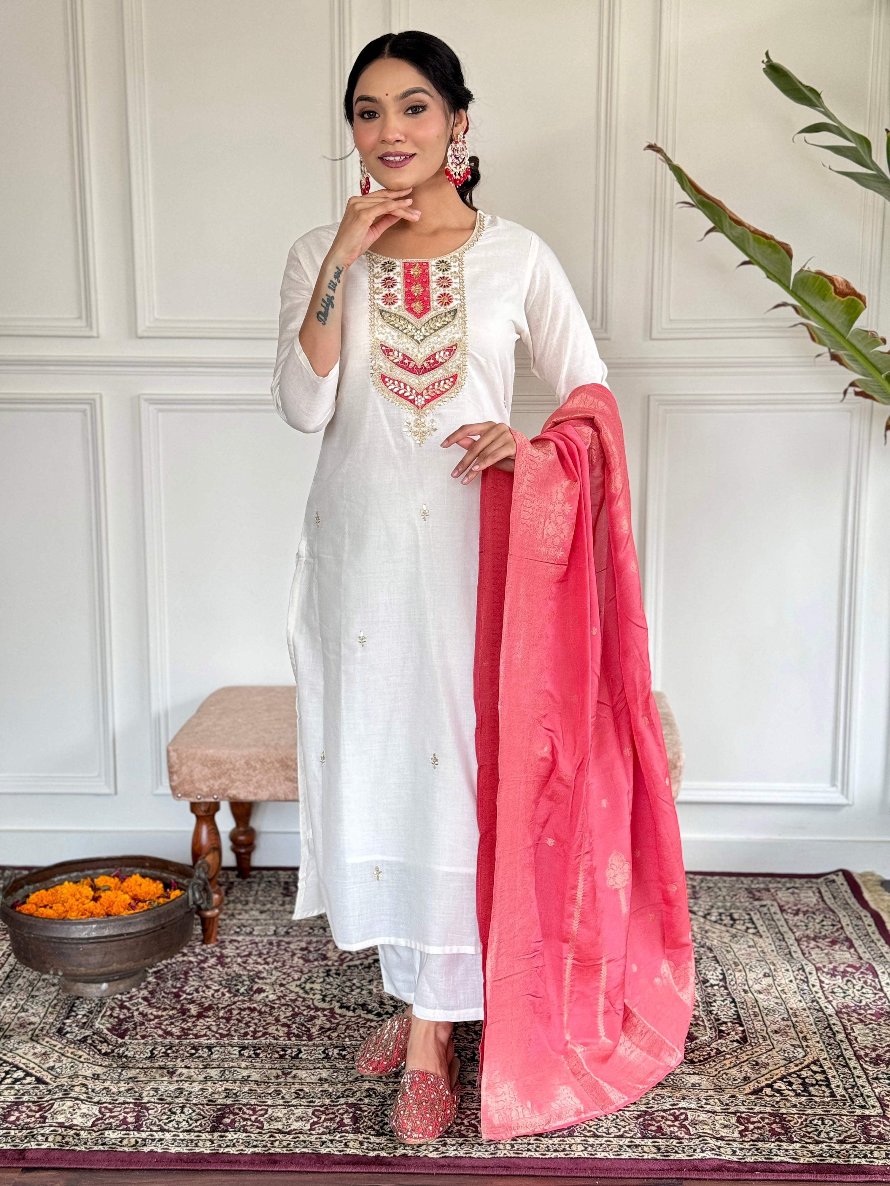 The52 Embroidered Viscose blend Fabric Straight Kurta, Pant and Dupatta Set - Distacart