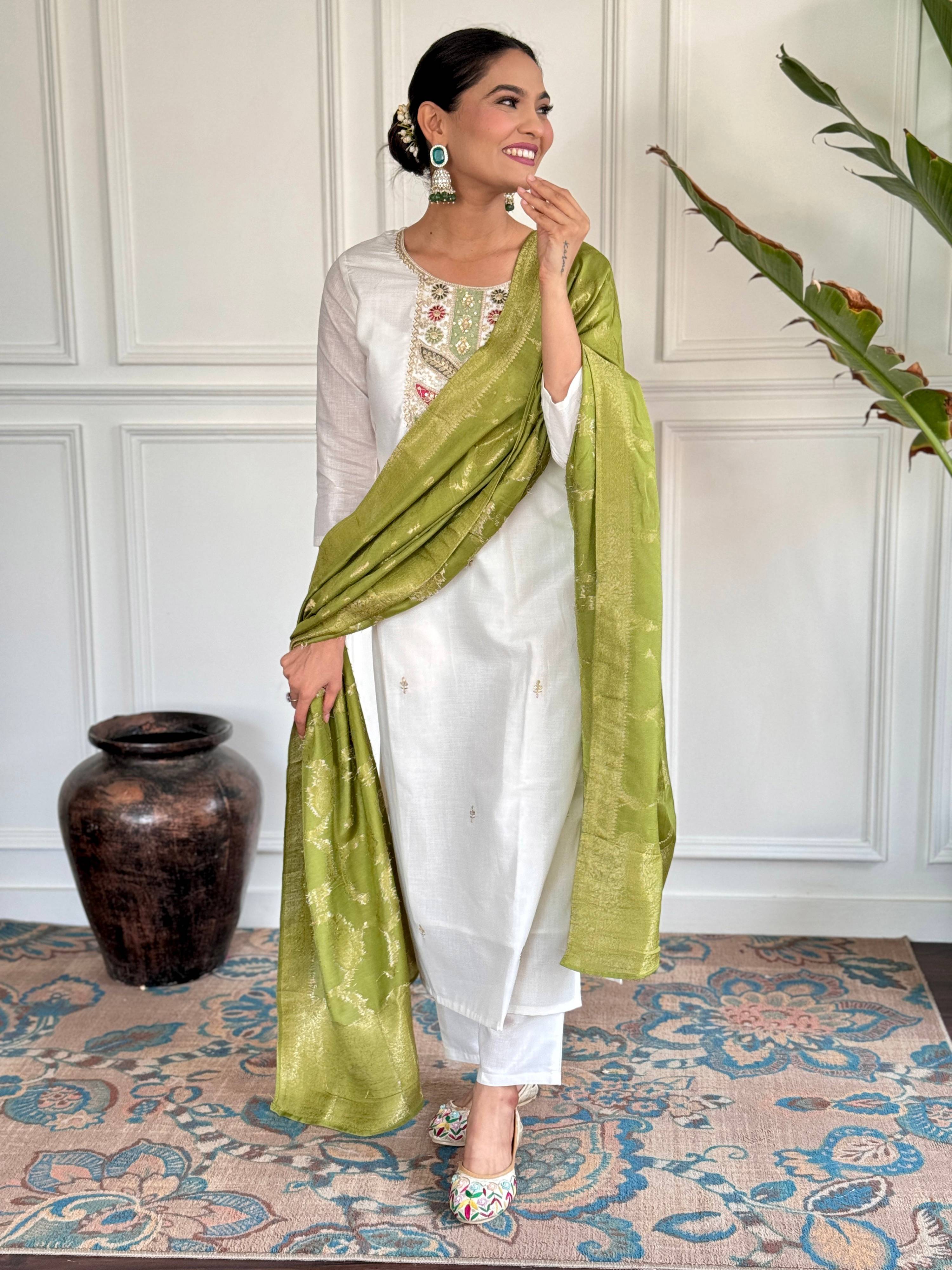 The52 Embroidered Viscose blend Fabric Straight Kurta, Pant and Dupatta Set - Distacart