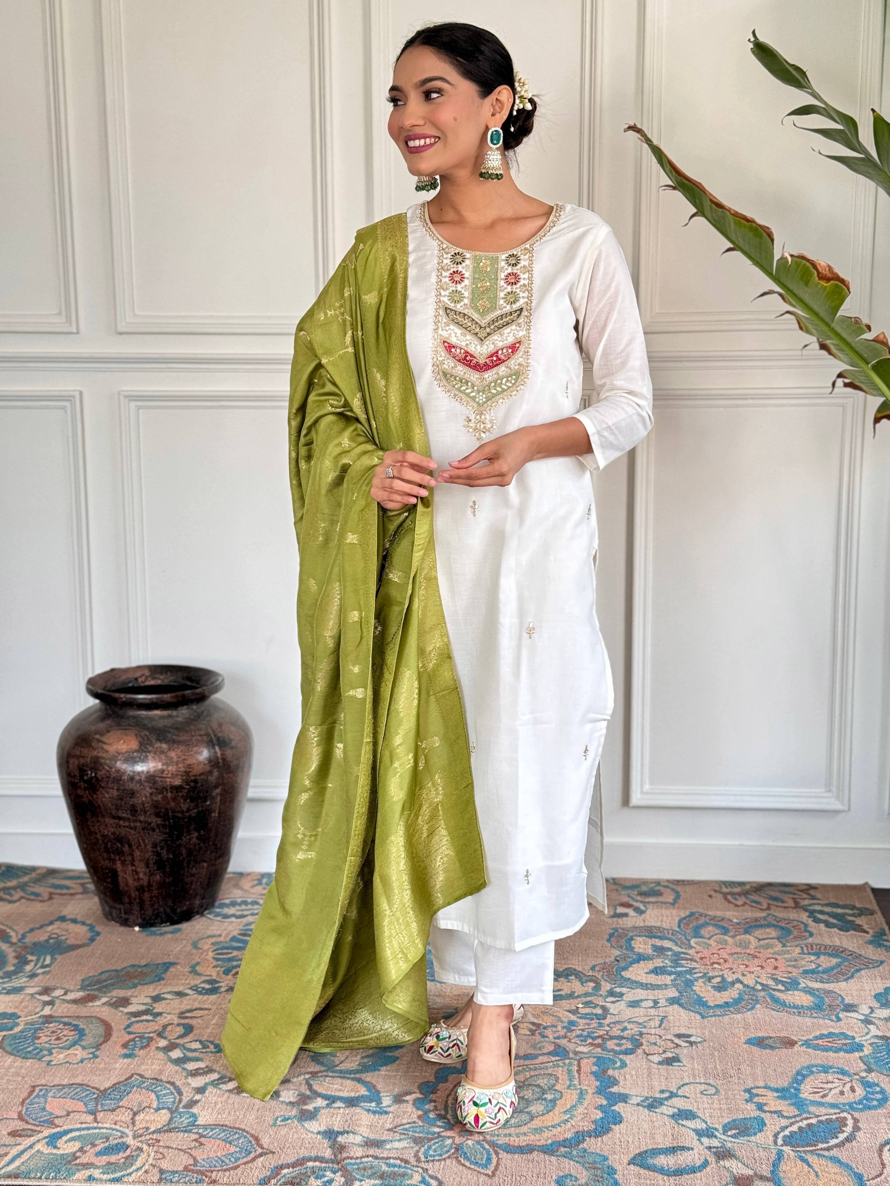 The52 Embroidered Viscose blend Fabric Straight Kurta, Pant and Dupatta Set - Distacart