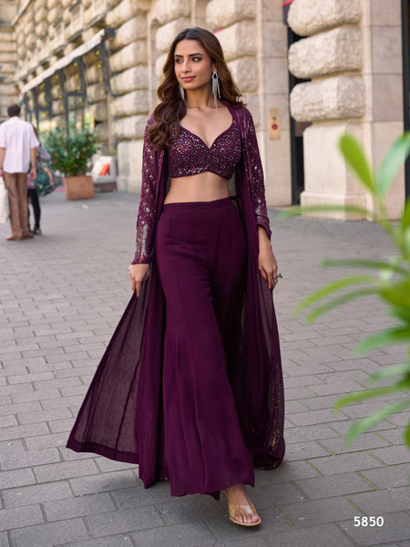 Anaita Purple Georgette Stitched Shrug Suit With Embroidered Sequins Work