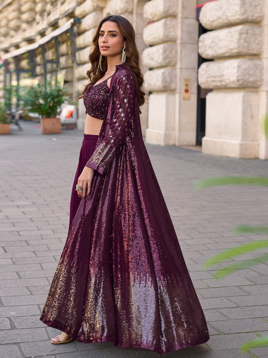 Anaita Purple Georgette Stitched Shrug Suit With Embroidered Sequins Work - Distacart