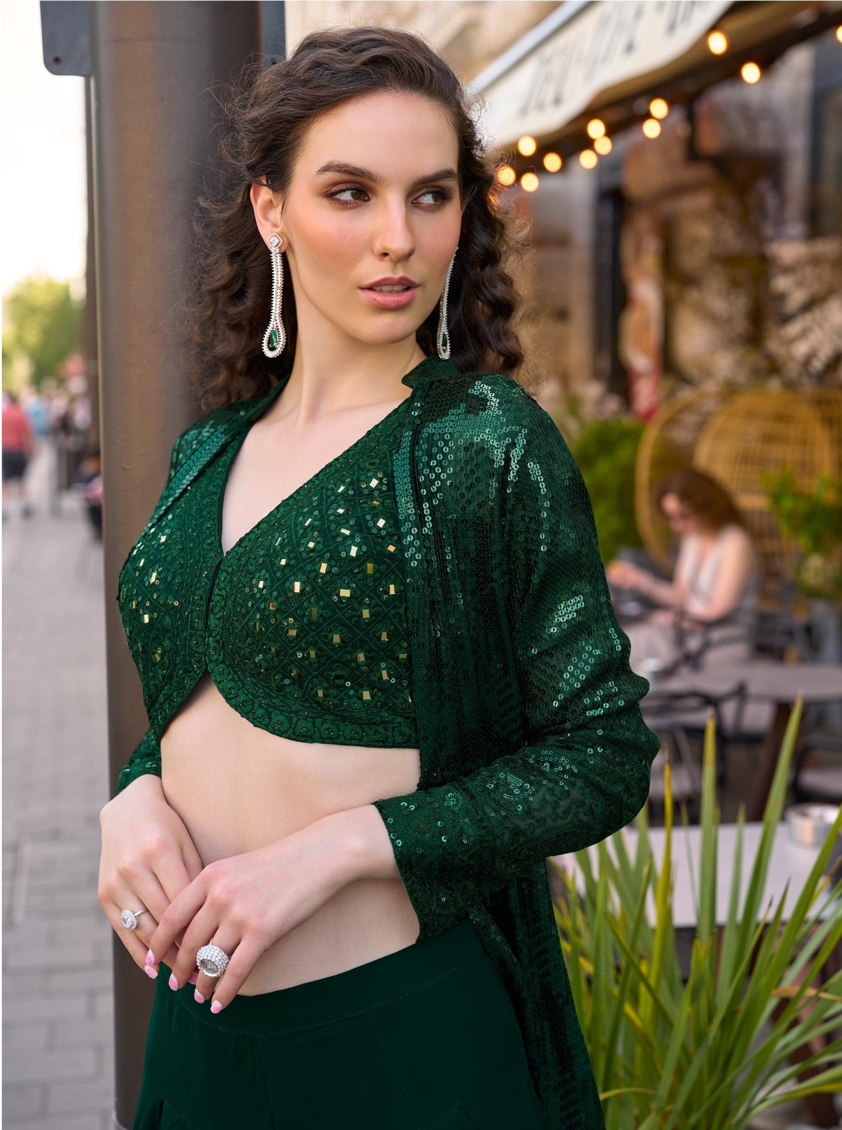 Anaita Dark-Green Georgette Stitched Shrug Suit With Embroidered Sequins Work - Distacart