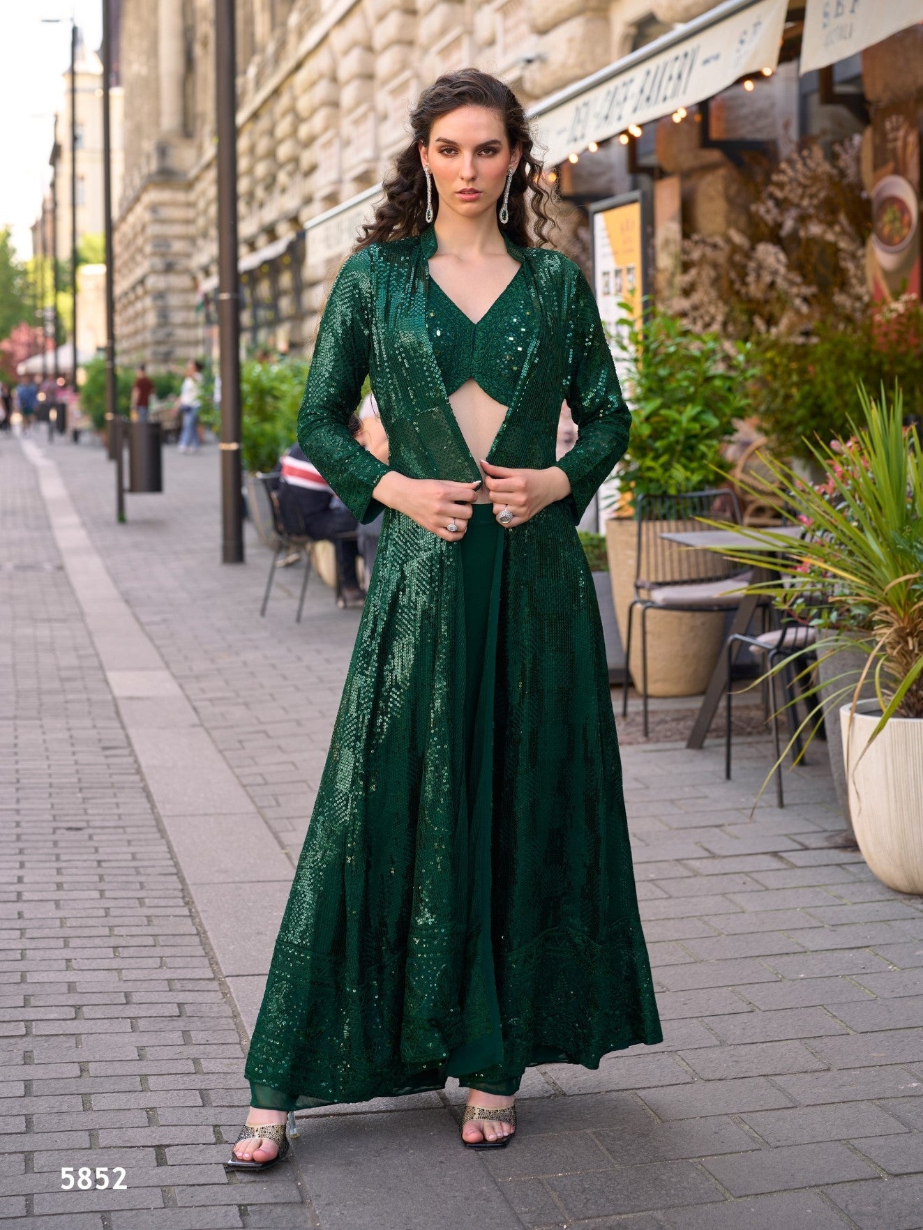 Anaita Dark-Green Georgette Stitched Shrug Suit With Embroidered Sequins Work - Distacart