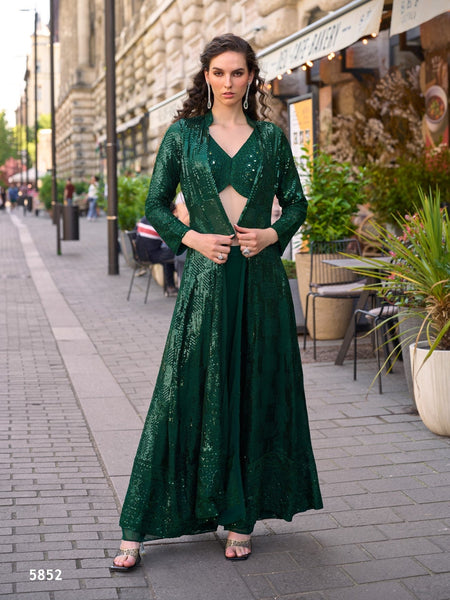 Anaita Dark-Green Georgette Stitched Shrug Suit With Embroidered Sequins Work