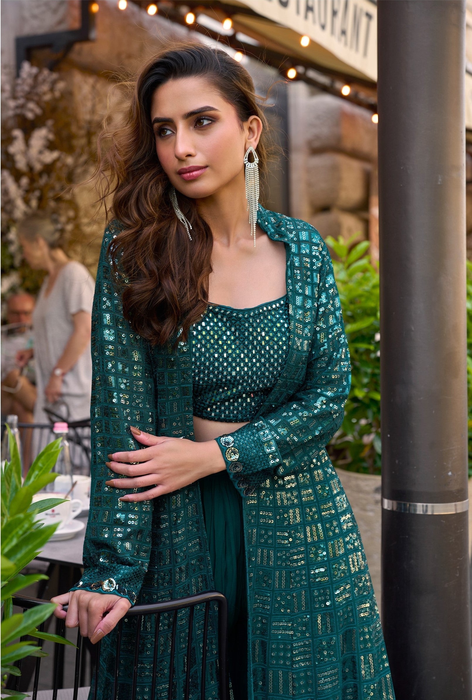 Anaita Emerald Georgette Stitched Shrug Suit With Embroidered Sequins Work - Distacart