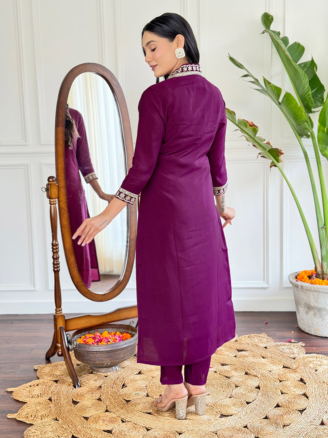 The52 Viscose Silk Fabric work Straight cut Kurta, Pant and Dupatta Set - Distacart