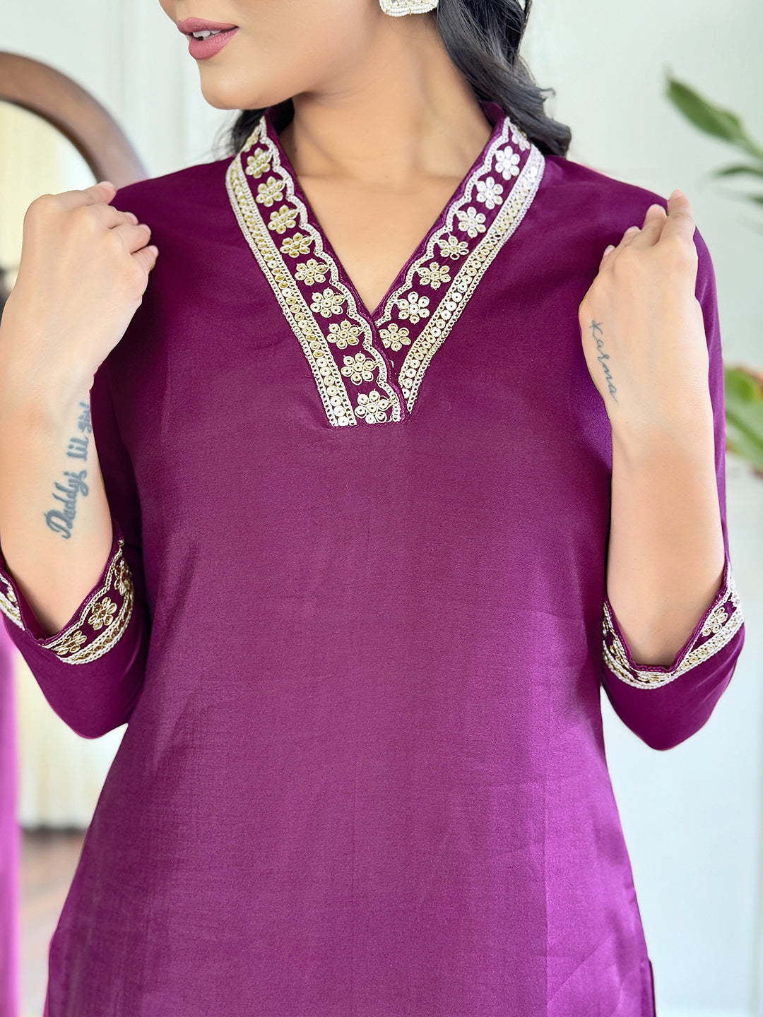 The52 Viscose Silk Fabric work Straight cut Kurta, Pant and Dupatta Set - Distacart