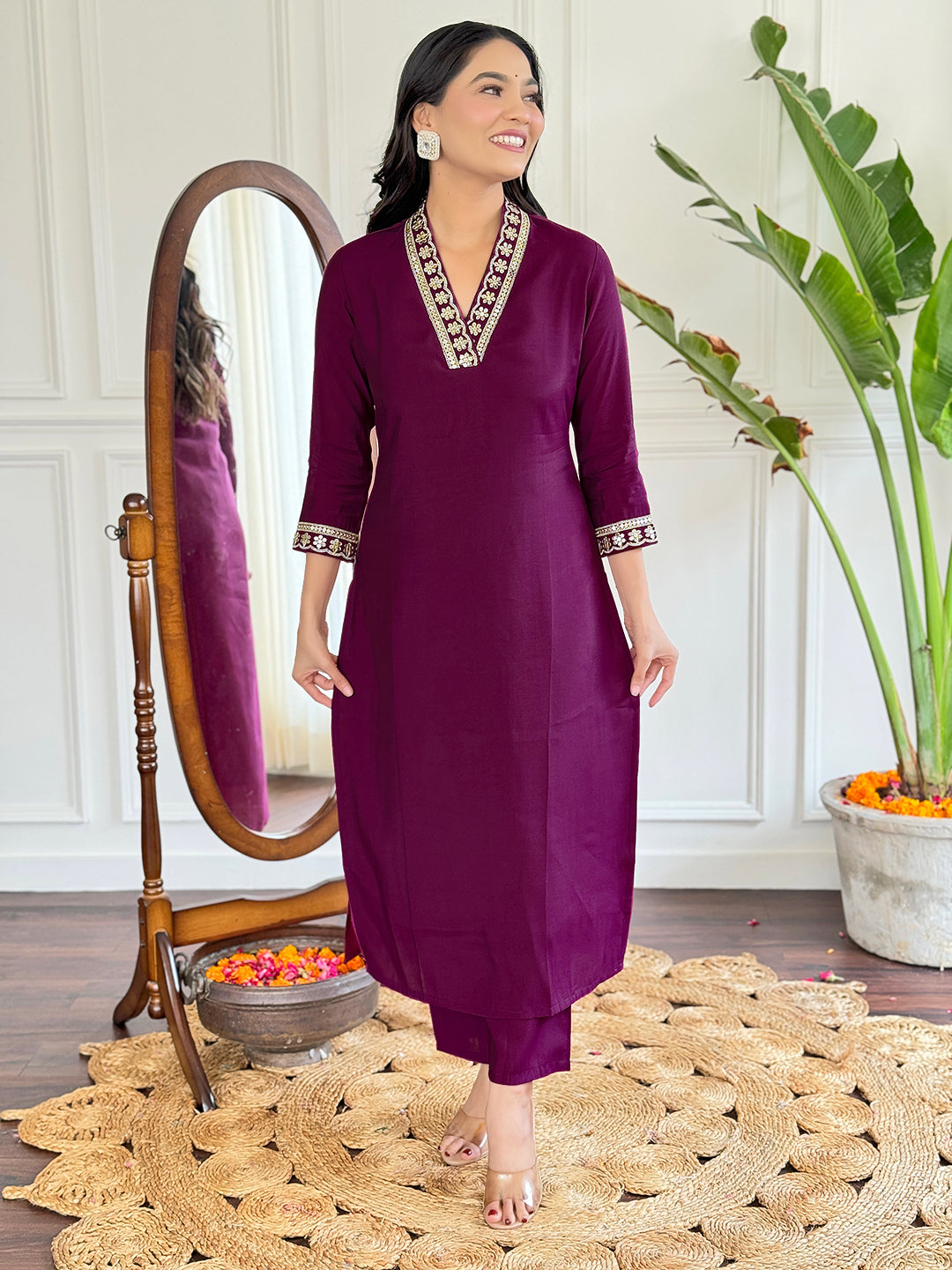 The52 Viscose Silk Fabric work Straight cut Kurta, Pant and Dupatta Set - Distacart