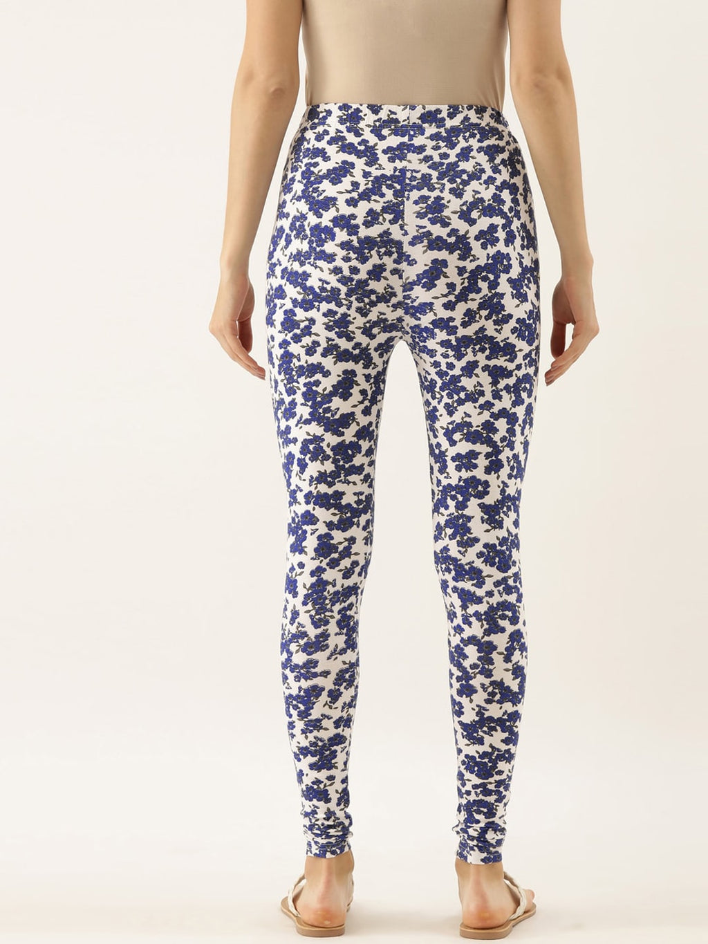 Souchii Women White & Blue Printed Slim-Fit Ankle-Length Leggings - Distacart