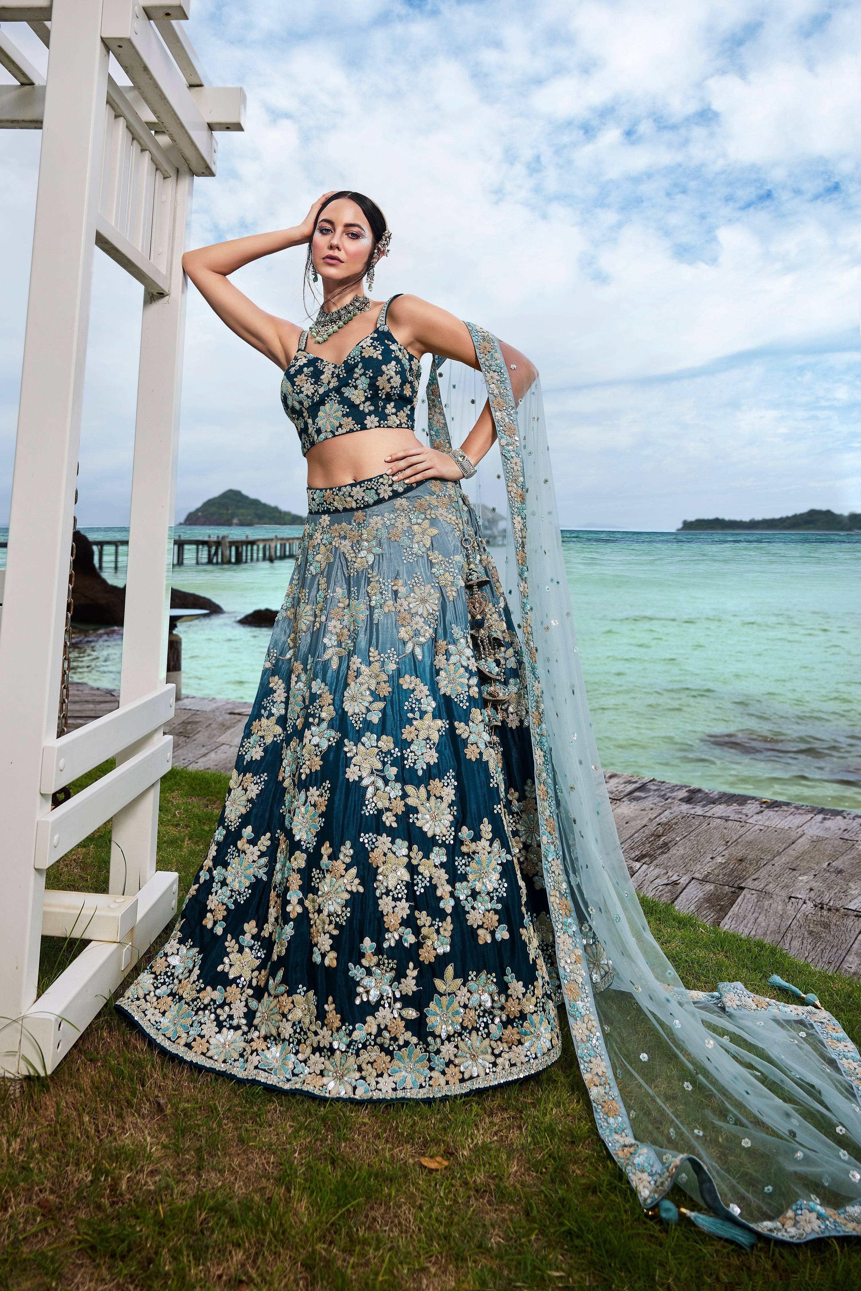 House of Panchhi Teal Padded Colour Georgette Sequins & Zarkan Embroidery Lehenga Choli & Dupatta