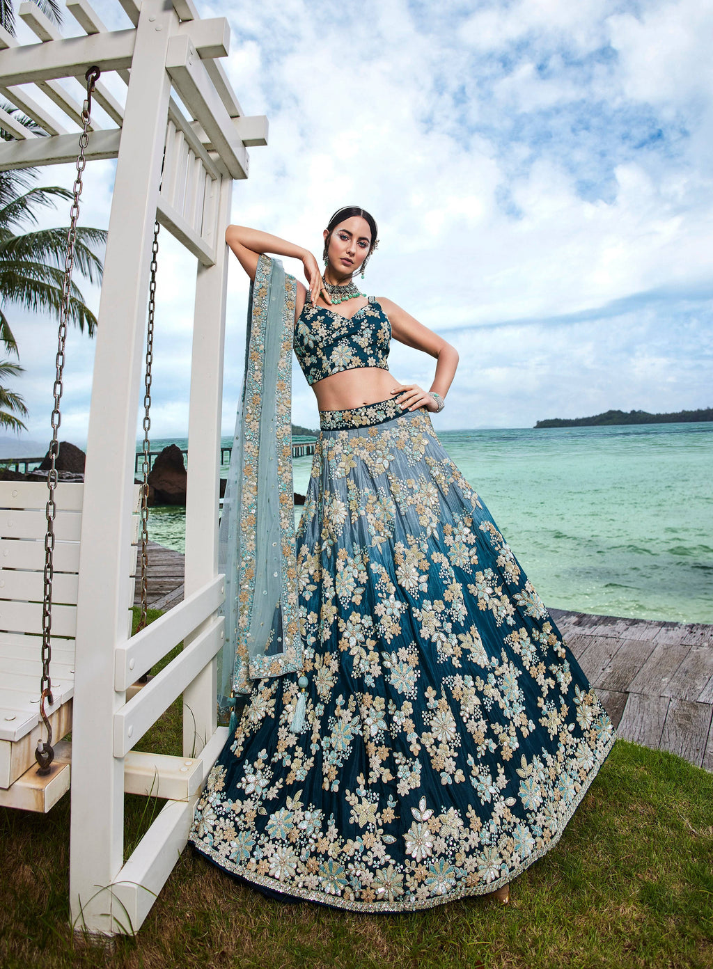 House of Panchhi Teal Padded Colour Georgette Sequins & Zarkan Embroidery Lehenga Choli & Dupatta