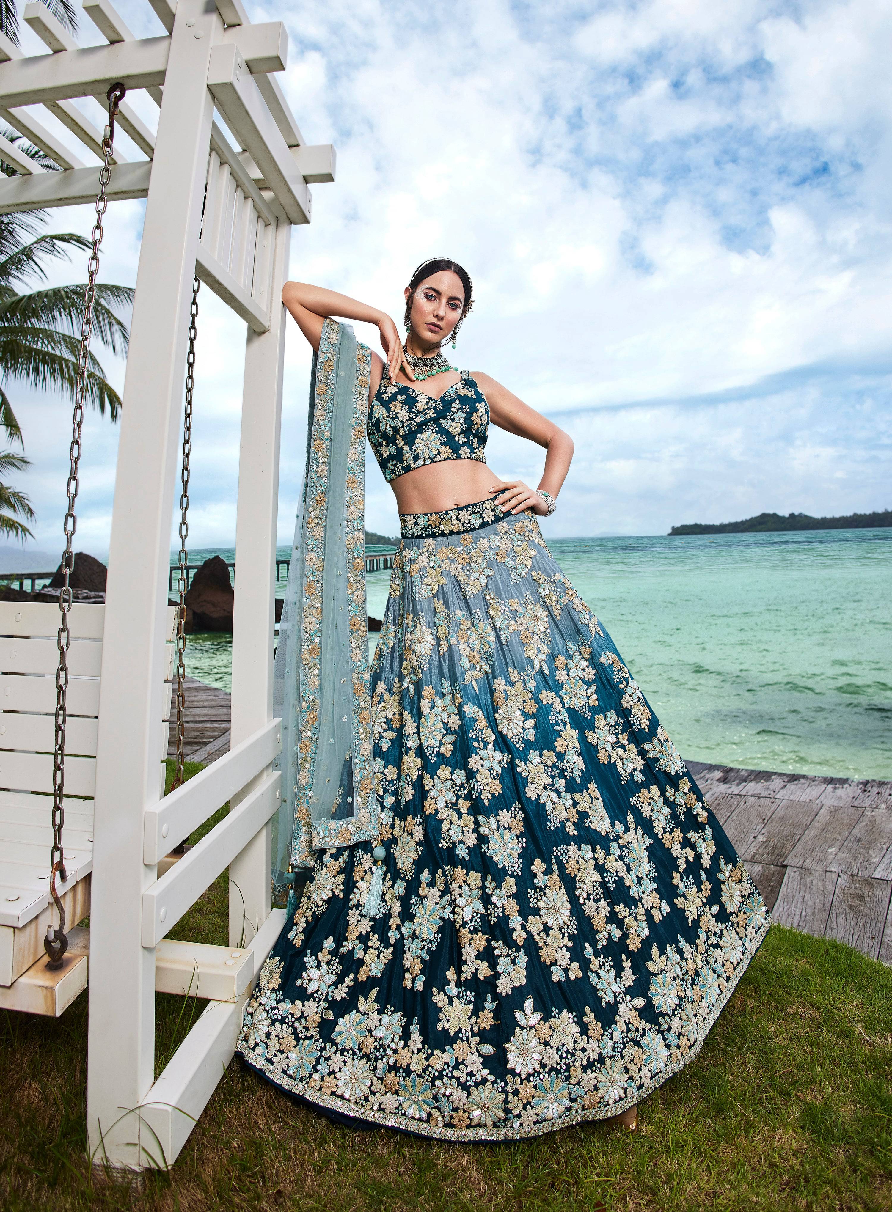 House of Panchhi Teal Padded Colour Georgette Sequins & Zarkan Embroidery Lehenga Choli & Dupatta