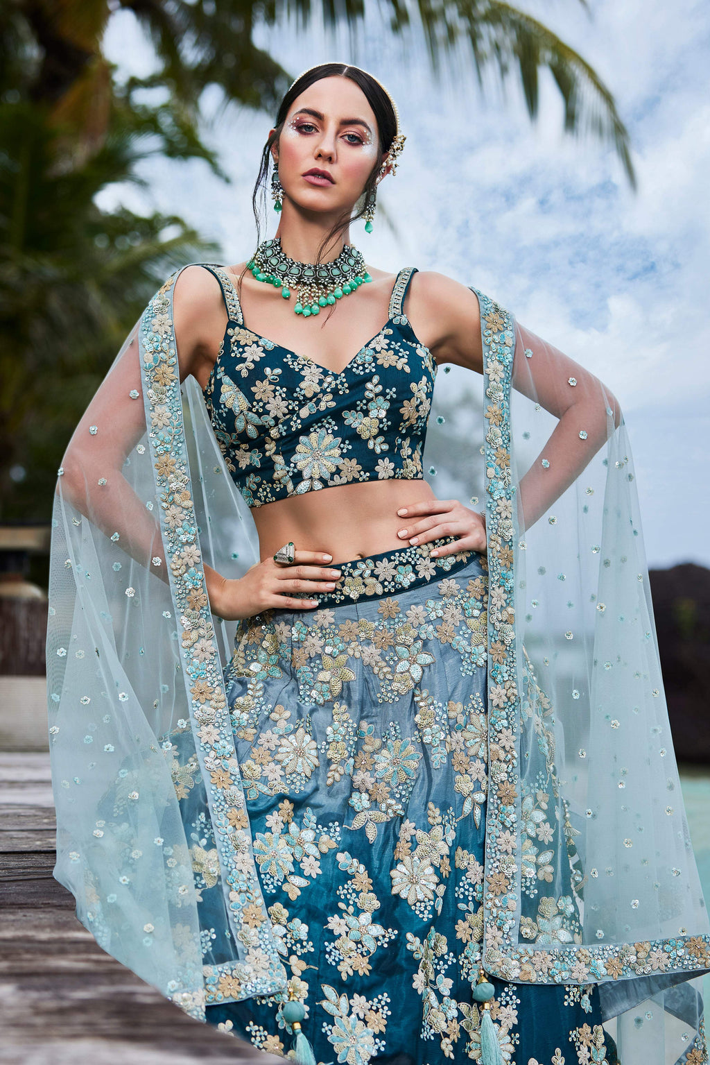 House of Panchhi Teal Padded Colour Georgette Sequins & Zarkan Embroidery Lehenga Choli & Dupatta