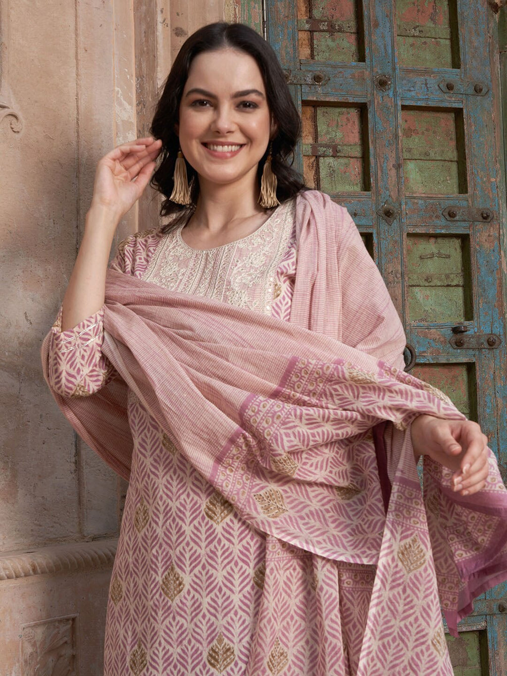 Sangria Mauve coloured Floral Printed Pure Cotton Kurta with Churidar & With Dupatta