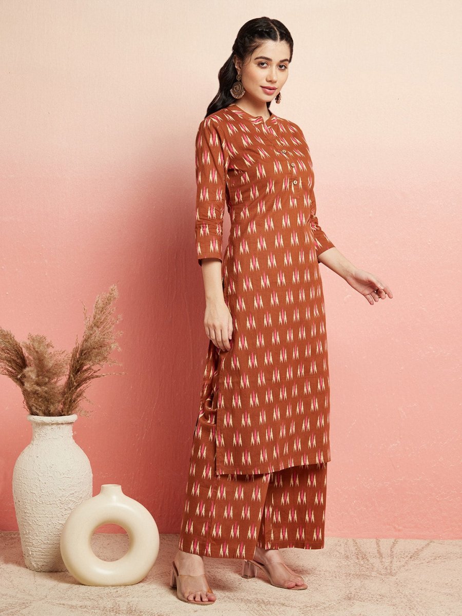Aks Ikat Printed Pure Cotton Straight Kurta With Palazzos