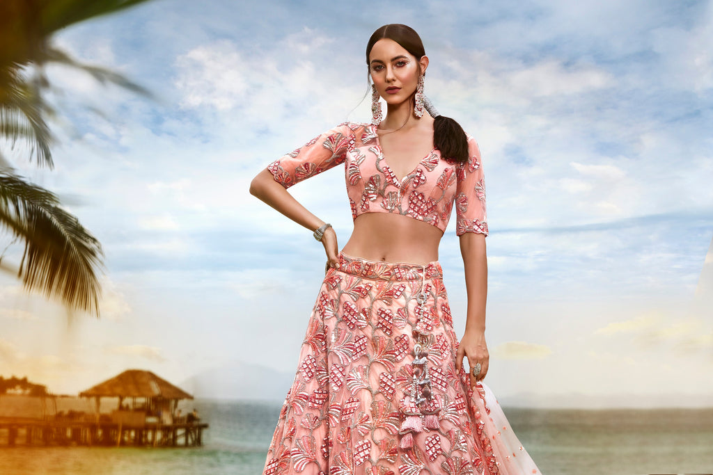 House of Panchhi Coral Net Sequins And Thread Embroidery Lehenga Choli & Dupatta