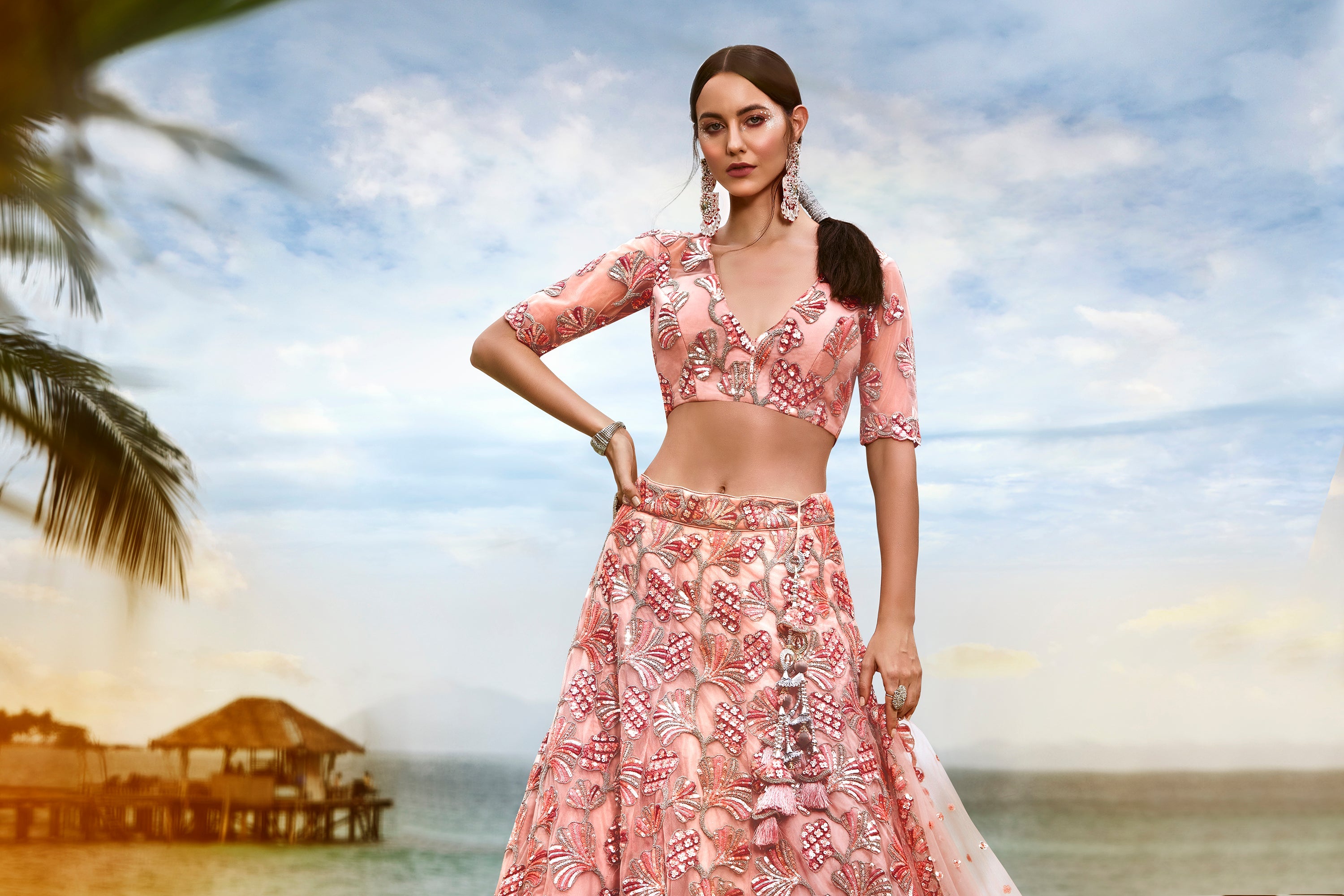 House of Panchhi Coral Net Sequins And Thread Embroidery Lehenga Choli & Dupatta