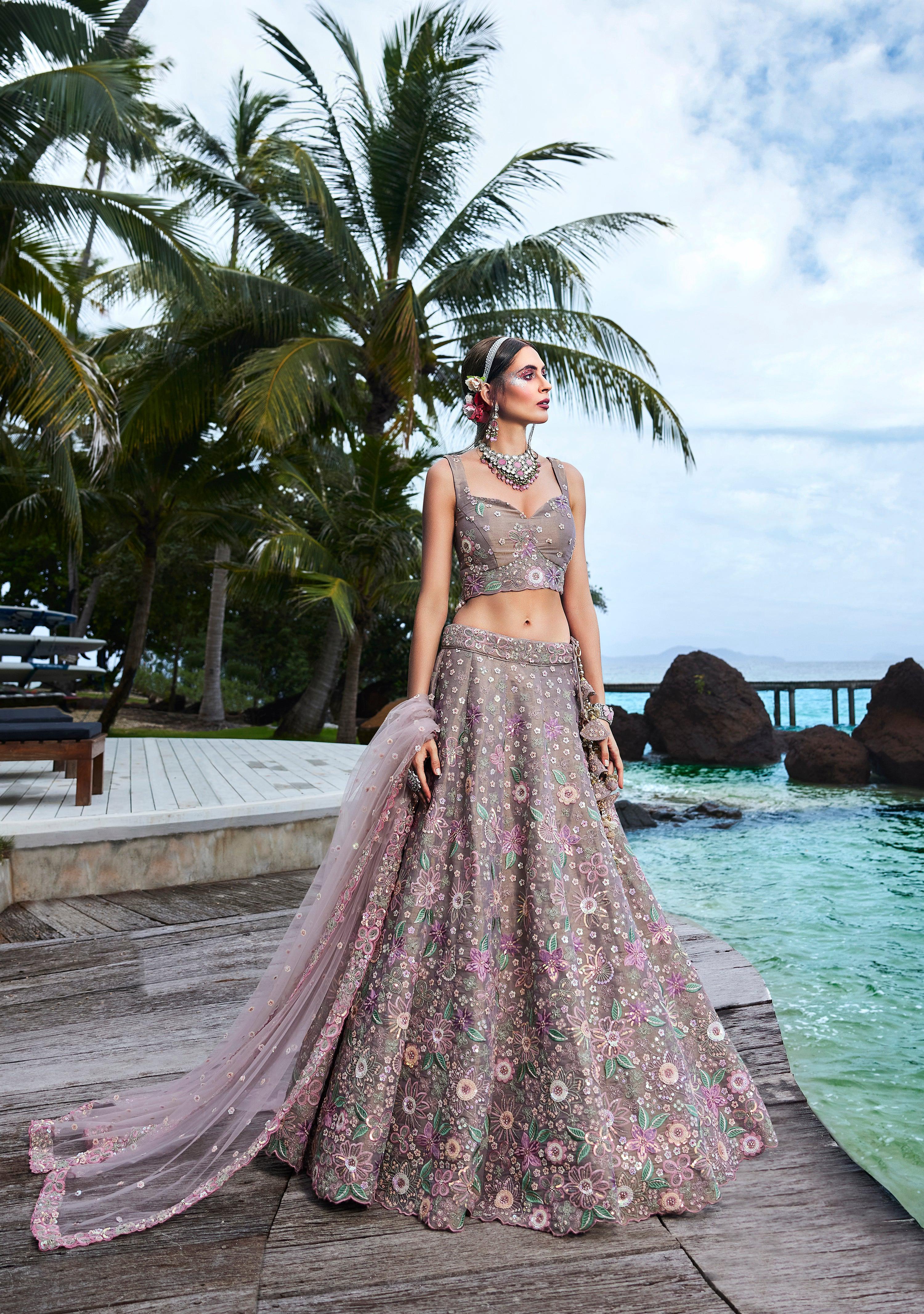 House of Panchhi Rose Gold Toned Organza Sequins & Zarkan Embroidery Lehenga Choli & Dupatta