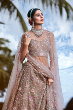 House of Panchhi Rose Gold Toned Organza Sequins & Zarkan Embroidery Lehenga Choli & Dupatta